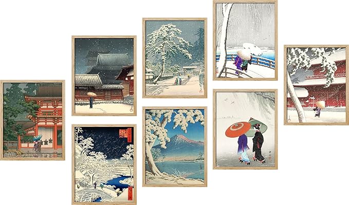 SIGNWIN Framed Poster Wall Art Set of Two Women in The Rain, Two Women in The Snow, Walking by a Temple on a Snowy Day for Living Room, Bedroom, Office - 11"x14"x 8 Natural