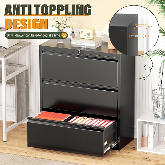 Greenvelly Lateral File Cabinet 3 Drawer, Lockable Metal Filing Cabinets for Home Office, Black Metal File Cabinet with Lock for Legal/Letter/A4/F4 Size