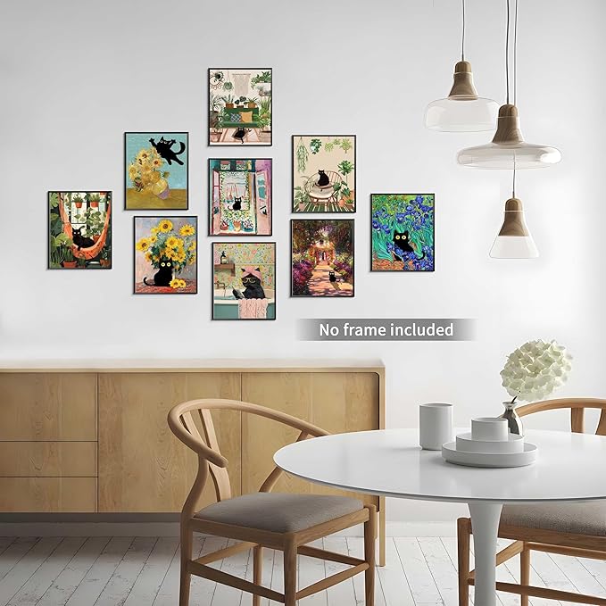 SEHSUVC Funny Black Cat Canvas Wall Art Set of 9, Vintage Van Gogh Black Cat Posters Prints, Colorful Cat Floral Aesthetic Prints Wall Decor Paintings for Bedroom Bathroom Dorm Home Decor 8x10In Unframed