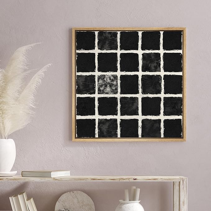 SIGNWIN Framed Canvas Print Wall Art Geometric Black Square Grid Landscape Abstract Shapes Illustration Modern Art Decorative Boho Relax/Zen Nordic for Living Room, Bedroom, Office - 24"x24" Natural