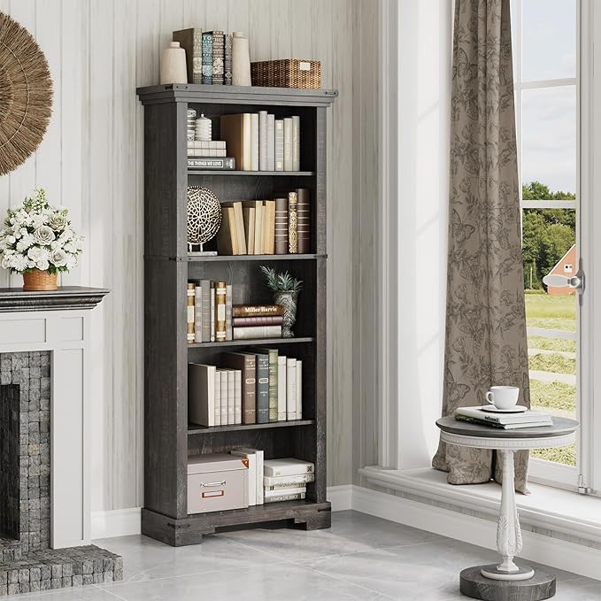 5-Tier Farmhouse Bookshelf, 61.1 inch Tall Bookcase with Storage & Unique Design & One Adjustable Shelf, Wooden Bookshelf for Study Room, Living Room, Home Office, Bedroom (Black)