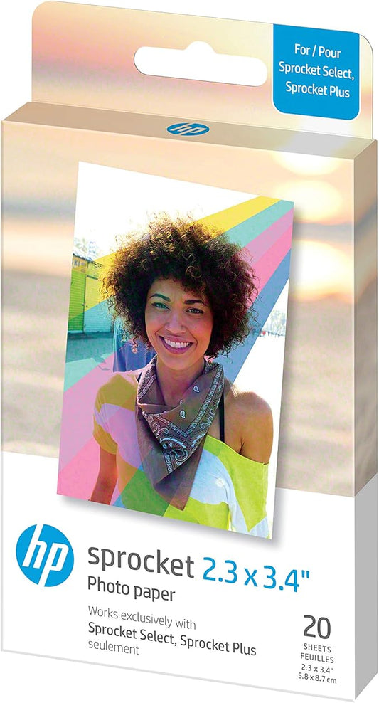 HP Sprocket 2.3 x 3.4 Premium Instant Zink Sticky Back Photo Paper (20 Sheets) Compatible with HP Sprocket Select and Plus Printers.