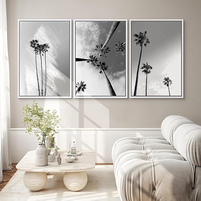 SIGNWIN 3 Piece Framed Canvas Wall Art Black and White Palm Tree Canvas Prints Home Artwork Decoration for Living Room,Bedroom - 16"x24"x3 White