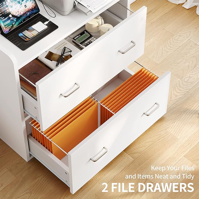 YITAHOME 2 Drawer File Cabinet with Charging Station, Lateral Filing Cabinet with Storage, Large Printer Stand for Home Office Living Room, White