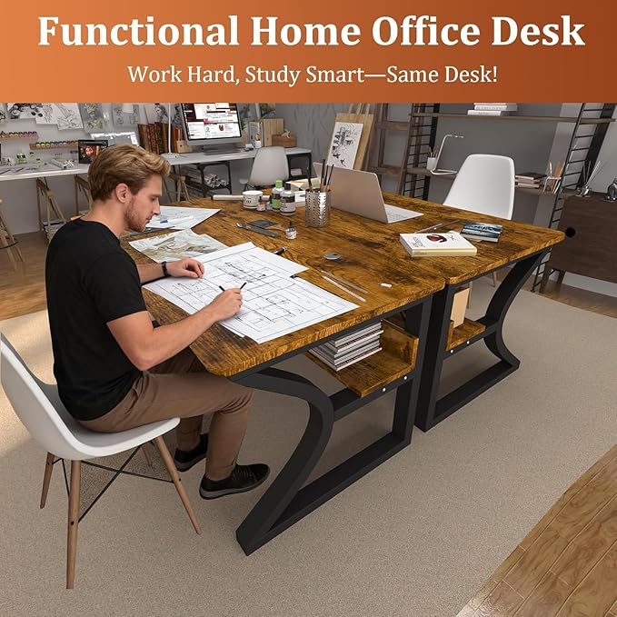 47'' Computer Desk w/Storage & Cable Management, Home Office Desk w/Sturdy U-Shaped Metal Frame & Water-Resistant Scratchproof Surface, Study Writing Desk for Office & Bedroom, Rustic Brown