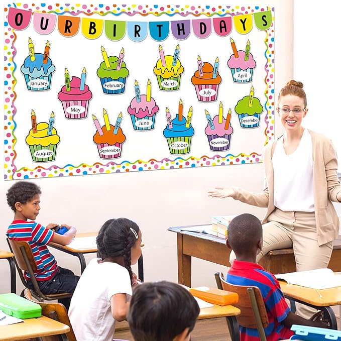 Birthday Bulletin Board Classroom Decorations Colorful Cupcake Cutouts Colorful Candle Name Tags Decoration for Wall Chalkboard Preschool Classroom Decor Teacher Back to School Supplies