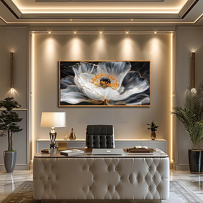 Floral Wall Pictures White Wall Art Lotus Wall Decorations Large Modern Artwork 29"x 59"Art for Kitchen Hotel