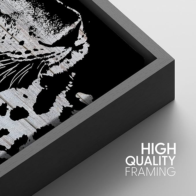 IDEA4WALL Framed Canvas Print Wall Art Grayscale Spotted Leopard on Wood Blocks Animals WildLife Illustrations Modern Art Tropical Portrait Dark for Living Room, Bedroom, Office - 16"x24" BLACK