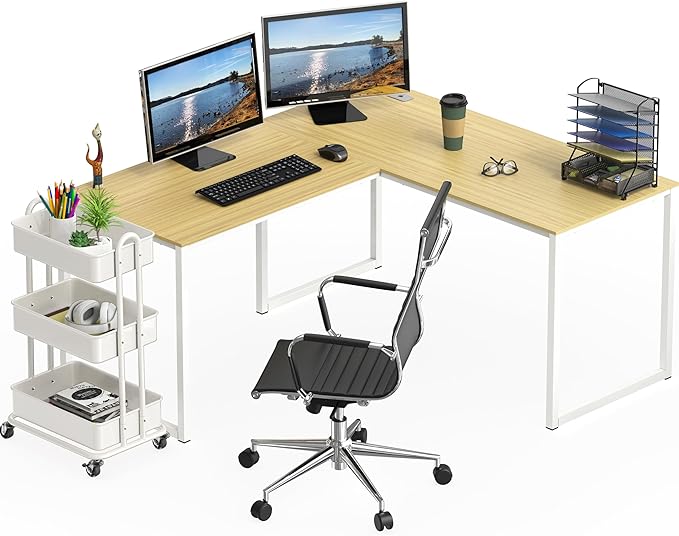 SHW Mission 55 x 60 Inches L-Shape Home Office Computer Desk, Oak