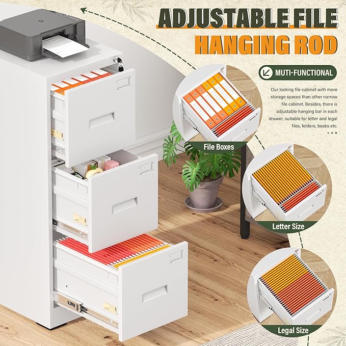 Greenvelly 3 Drawer File Cabinet with Lock, Metal Filing Cabinet for Home Office, Locking Vertical File Cabinet, 18" D File Cabinets for Home Office, Easy Assemble (White)