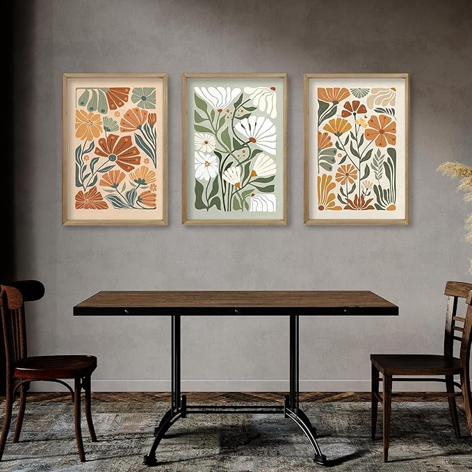 Wildflower Floral Green Botanical Wall Art Print 16"x11" Set of 3 flower Illustrations Minimalist Modern Boho Sign Wood Framed for Living Room Bedroom Office Abstract Wall Hang Decor (Wood)