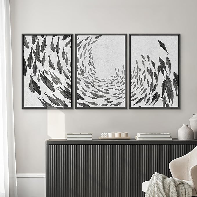 SIGNWIN Framed Canvas Print Wall Art Swirling School of Fish Abstract Shapes Illustrations Modern Art Minimalist Relax/Calm Black and White for Living Room, Bedroom, Office - 16"x24"x3 Black