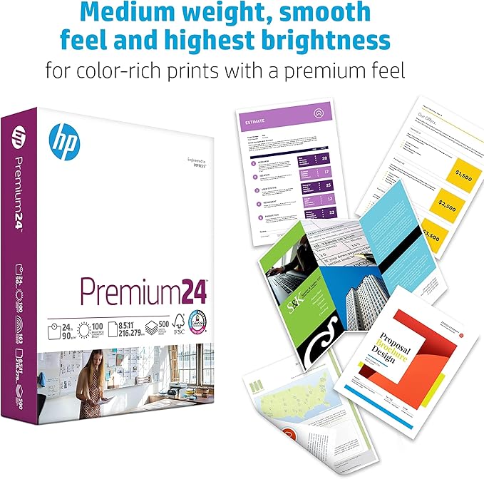 HP Printer Paper | 8.5 x 11 Paper | Premium 24 lb | 5 Ream Case - 2500 Sheets | 100 Bright | Made in USA - FSC Certified | 115300C
