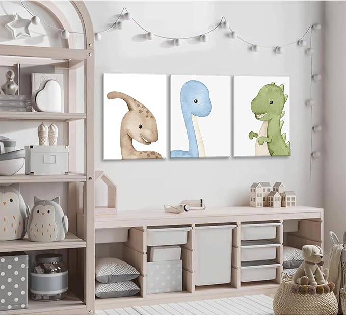 Dinosaur Wall Art Nursery Wall Decor Watercolor Dinosaur Posters Kids Room Canvas Funny Animals Prints neutral dino Pictures Boy Girl Nursery Bedroom Painting Ready to Hang Decorations Framed (Beige, 12x16in canvas)