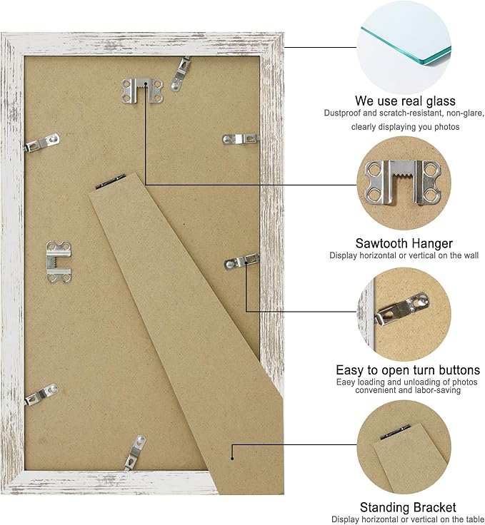 8x14 Picture Frame Set of 2, Distressed White Wood Frame with Glass Collage Frame, Display Pictures 3-4x6 With Mat or 8 x 14 Without Mat - Horizontal or Vertical Wall Mounting