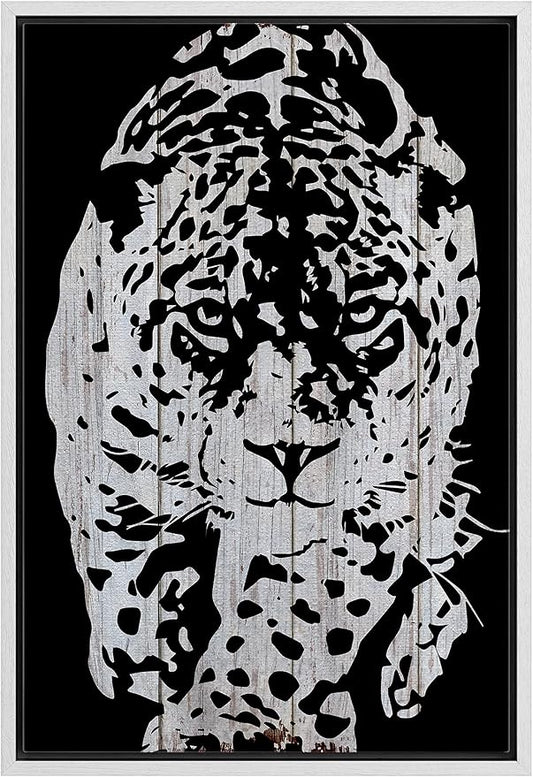 IDEA4WALL Framed Canvas Print Wall Art Grayscale Spotted Leopard Stalking on Wood Panels Animals WildLife Illustrations Modern Art Tropical Portrait for Living Room, Bedroom, Office - 16"x24" WHITE