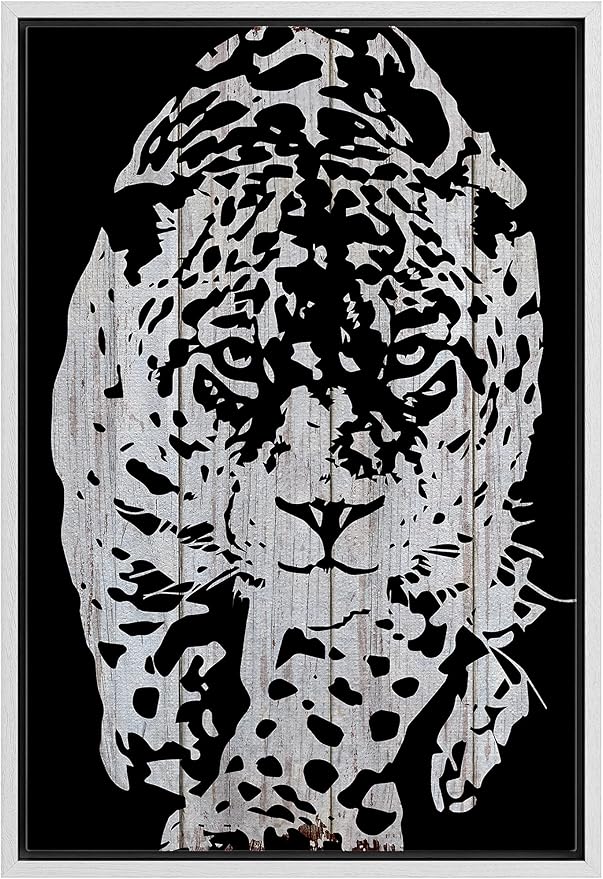 IDEA4WALL Framed Canvas Print Wall Art Grayscale Spotted Leopard Stalking on Wood Panels Animals WildLife Illustrations Modern Art Tropical Portrait for Living Room, Bedroom, Office - 24"x36" WHITE