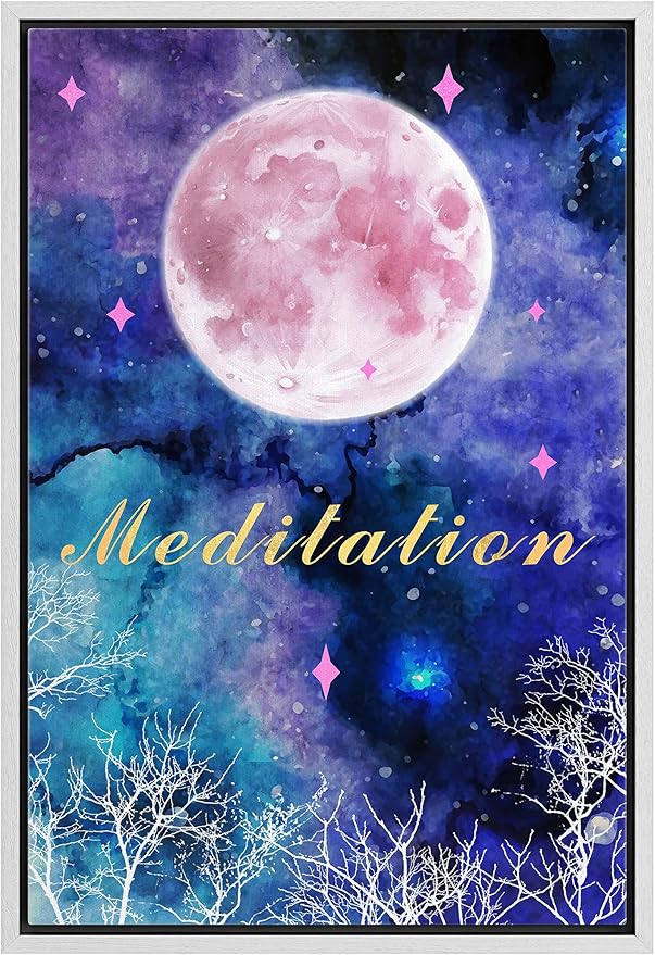 IDEA4WALL Framed Canvas Print Wall Art Meditation Watercolor Galaxy with Pink Moon Astronomy & Space Sky Illustrations Modern Art Glam Colorful for Living Room, Bedroom, Office - 24"x36" WHITE