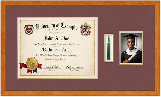 Diploma Tassel and Photo Shadowbox Fits 17 x 13 International Diploma with Tassel Hook and Honey Oak Genuine Hardwood with Dark Red Over Metallic Gold Double mat
