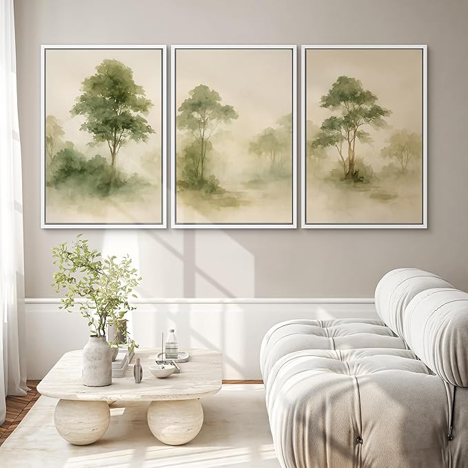SIGNWIN Framed Canvas Print Wall Art Set Forest Trees Green Nature Landscape Illustrations Modern Art Decorative Nordic Abstract for Living Room, Bedroom, Office - 24"x36"x3 White