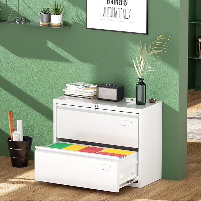 Greenvelly 2 Drawer File Cabinet, White Lateral File Cabinet with Lock, Filing Cabinet for Home Office, Lockable File Cabinets for Legal/Letter/A4/F4 Size with Hanging Files&Key
