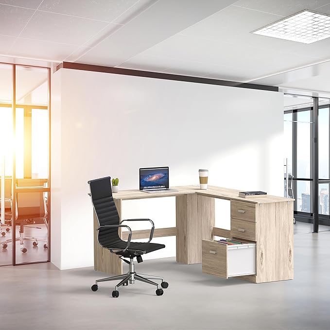 SHW 51 x 59 Inches L-Shaped Home Office Wood Corner Desk with Box Box File Drawers, Maple
