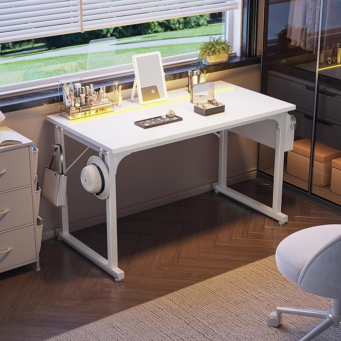 48 Inch White Computer Desk with LED Lights, Office Desk with Storage Bag for Home Office, Gaming Desk with Headphone Hook for Study Writing Work Desk,Sturdy Metal Frame