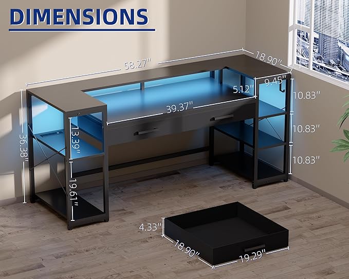 Pamray 58 Inch Computer Desk with Monitor Stand and Shelves Gaming Desk with LED Lights & Power Outlets PC Vanity Table with 2 Drawers for Home Office Red
