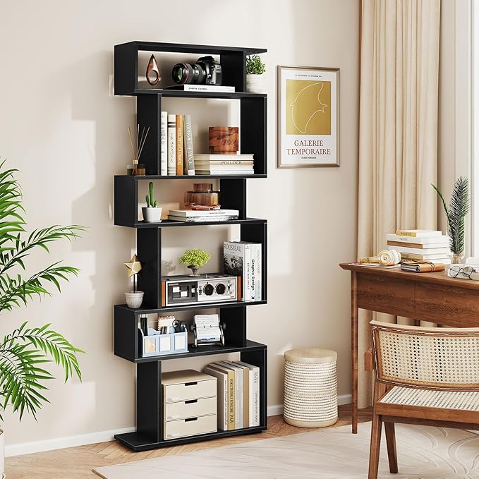 Giantex 6-Tier Geometric Bookshelf, S-Shaped Bookcase with 2 Anti-Tipping Kits, Wooden Display Shelf, Decorative Storage Shelving Unit, Home Storage Organizer for Office Living Room (1,Black)