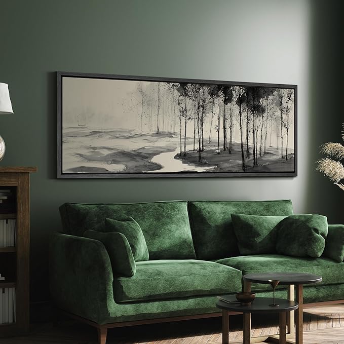 SIGNFORD Large Framed Canvas Print Wall Art Minimalist Ink Forest Landscape Illustrations Modern Art Calm Warm for Living Room, Bedroom, Office - 60"x20"