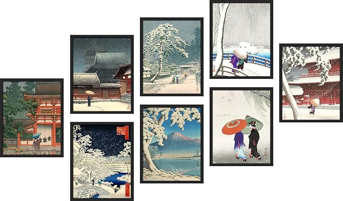 SIGNWIN Framed Poster Wall Art Set of Two Women in The Rain, Two Women in The Snow, Walking by a Temple on a Snowy Day for Living Room, Bedroom, Office - 11"x14"x 8 Black