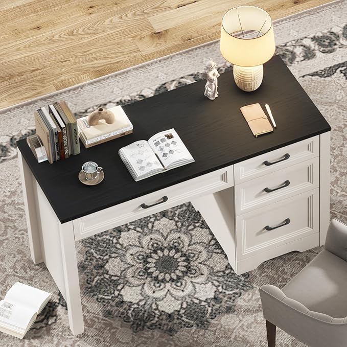 Vabches Farmhouse Executive Desk with Drawers, Home Office Desk with File Drawer, Wood Computer Desk with Ample Storage, Rustic Office Desk with Spacious Tabletop for Work, Black