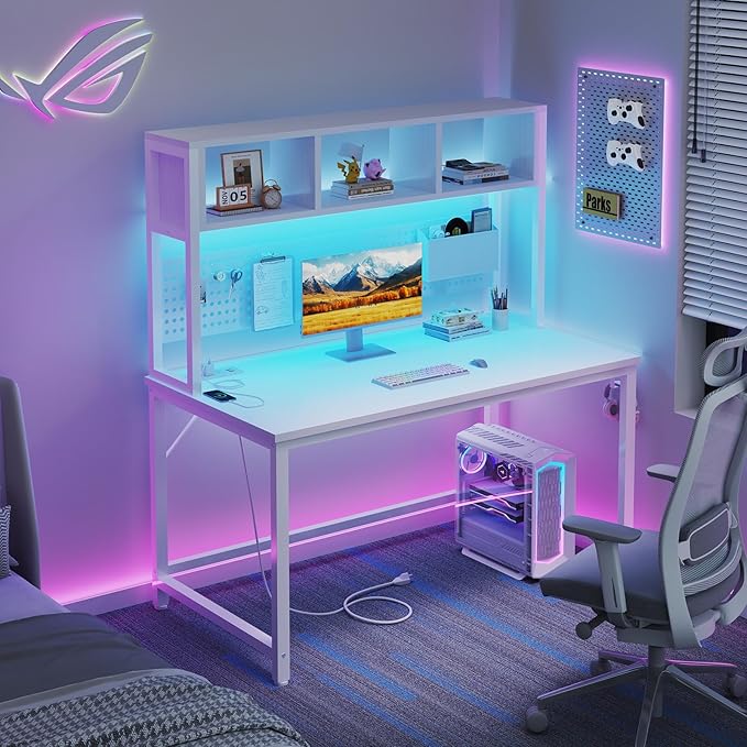 White Gaming Desk with Hutch and Pegboard - Computer Desk with Hutch, Power Outlet, 47 Inch Art Desk with Storage, Hooks, RGB and Side Bag, Writing Modern Study Teen Desks for Girl Bedroom Home Office