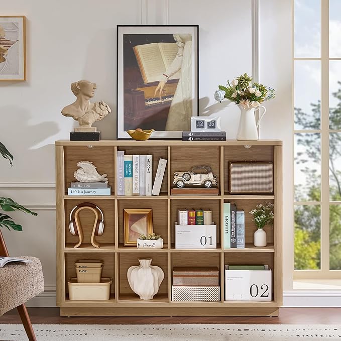 12 Cube Storage Organizer, 41" Large Bookshelf with Curved Edge, Wood Floor Standing 3-Tier Cubby Bookcase with Base, Rustic Display Storage Cabinet for Living Room, Home Office, Natural Oak