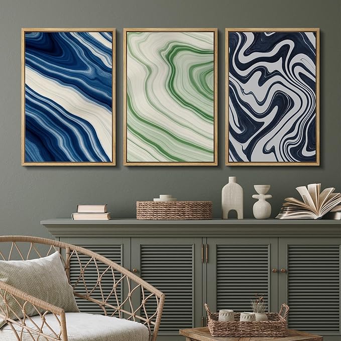 SIGNFORD Framed Wall Art Print Set Blue and Green Marble Swirl Abstract Bold Digital Art Modern Art Contemporary for Living Room, Bedroom, Office - 16"x24"x3 NATURAL