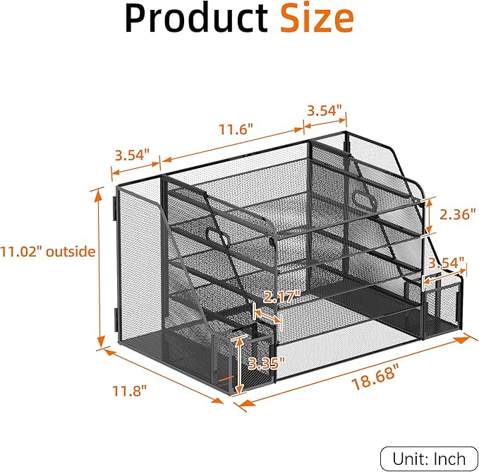 SUPEASY 5-Tier Mesh Desk Organizer with File Holder & Bookends, Metal Paper Letter Tray Organizer with 2 Pen Cups, Large-Capacity Desktop File Sorter for Home Office/School, Black