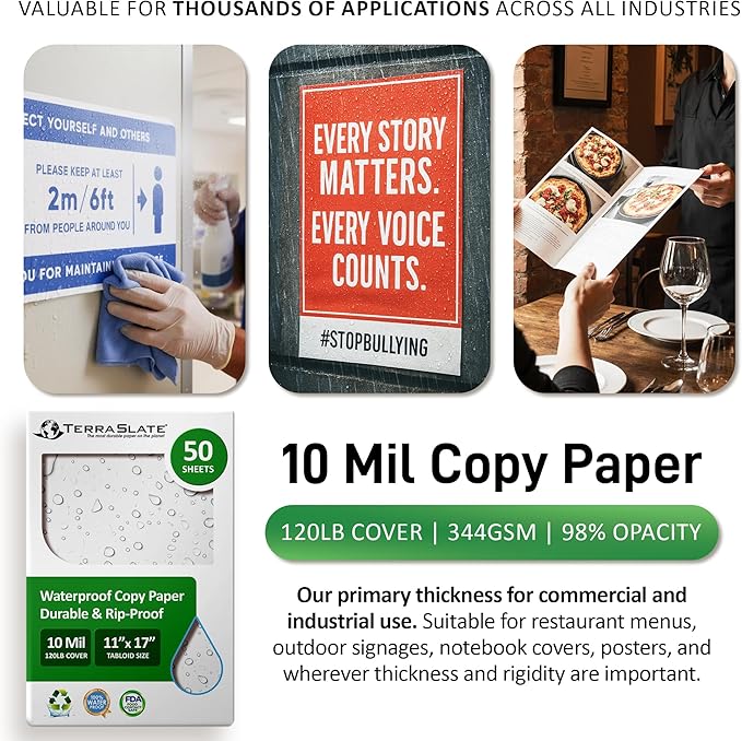 TerraSlate Copier Paper 10 MIL 11" x 17" Waterproof Laser Printer/Copy Paper, Printable Waterproof Paper (50 Sheets)