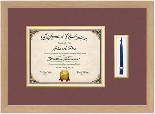 Diploma Frame with Tassel Holder Natural Wood Shadowbox Dark Red Over Gold Mat - Fits 11 x 8.5 Degree Made in the USA