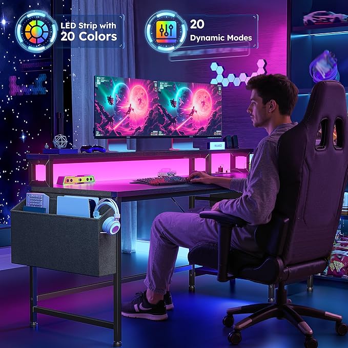 55" Computer Desk with Drawers & Storage Bag, Gaming Desk with Power Outlets and LED Lights, Office Desk with Monitor Stand for Bedroom Gaming Room, Study Work Home Office, Black