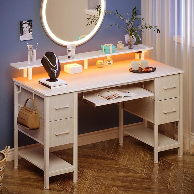 Seventable Computer Desk 55.1" with LED Lights & Power Outlets, Home Office Desk with 4 Drawers, Writing Desk with Keyboard Tray, Study Table with Monitor Stand, Work for Home Office, White
