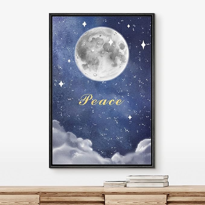 IDEA4WALL Framed Canvas Print Wall Art Peace Watercolor Galaxy with Silver Moon Astronomy & Space Sky Illustrations Modern Art Glam Colorful Ultra for Living Room, Bedroom, Office - 24"x36" BLACK