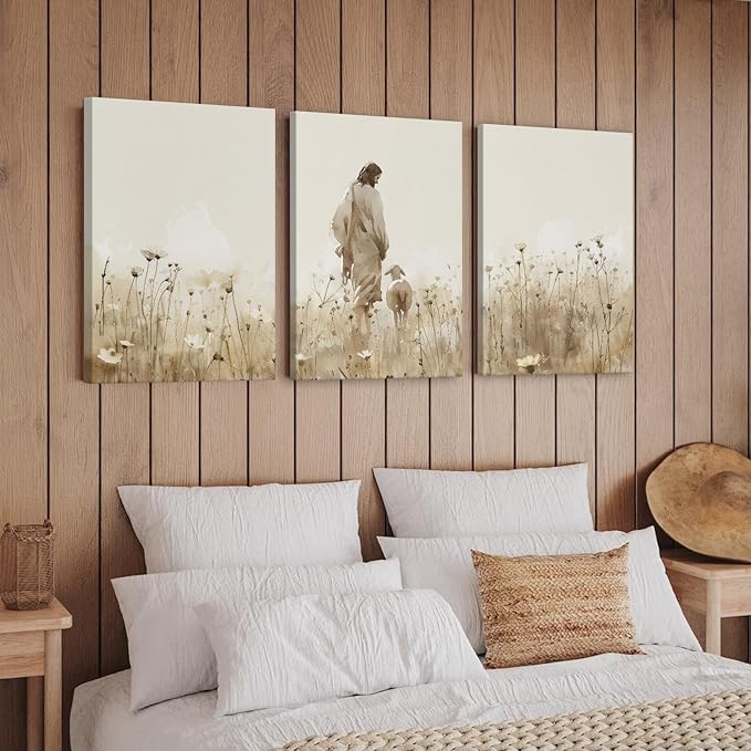 Jesus Leaves the 99 Sheep Wall Art Christian Canvas Poster Jesus and Lamb Wall Decor Religious Pictures Lost Sheep Painting God Christ Painting Artwork for Bedroom Living Room 16x24x3 Inch Ready to Hang