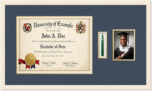 CountryArtHouse Diploma Tassel and Photo Shadowbox Fits 17 x 13 International Diploma with Tassel Coastal Whitewash Genuine Hardwood with Navy Blue Over Metallic Gold Double mat