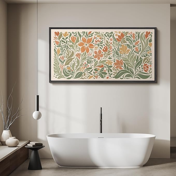 SIGNFORD Extra Large Framed Canvas Folk Floral Garden in Earth Tones Illustrations Modern Art Calm Warm for Living Room, Bedroom, Office - 60"x30"