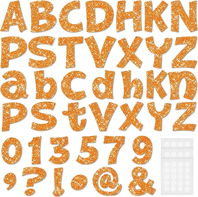 Colarr 216 Pcs Glitter Bulletin Board Letters for Classroom Number Alphabet Punctuation Symbol Cutout 4'' Die-Cut Poster Letter with Adhesive Dot School Party Holiday Decor Display(Orange)