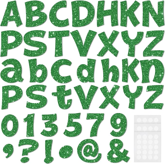 Colarr 216 Pcs Glitter Bulletin Board Letters for Classroom Number Alphabet Punctuation Symbol Cutout 4'' Die-Cut Poster Letter with Adhesive Dot School Party Holiday Decor Display(Green)