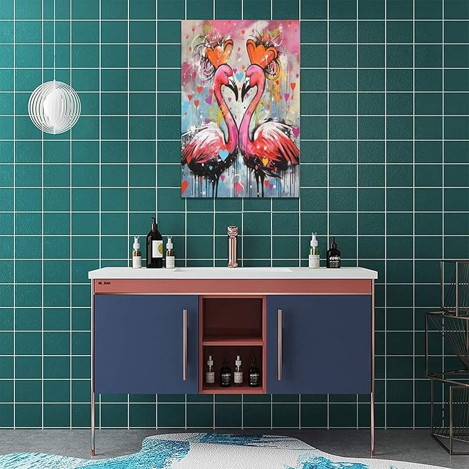 yerretin Flamingo Wall Art Banksy Graffiti Pictures Wall Decor Pink Canvas Painting Modern Home Decoration Artwork for Bathroom Bedroom Living Room Office Framed 16"x24"