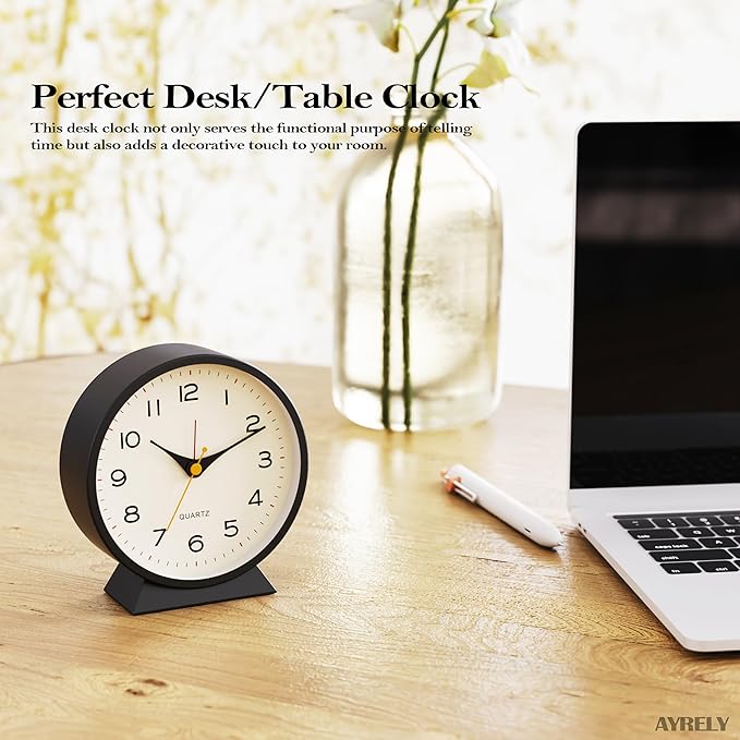 AYRELY® 4.5" Analog Alarm Clock,Small Retro Desk Clock Battery Operated,Slient Metal Table Clock with Light for Living Room Decor,Bedroom,Bedside,Shelf (Black)