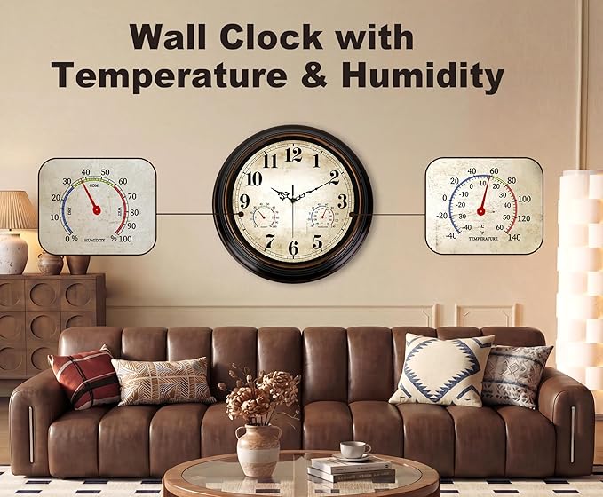 Vintage Wall Clock 16 Inch Quartz Silent Non-Ticking Analog Clock with Thermometer and Hygrometer, Battery Operated Rustic Round Decorative Clock for Living Room Home Office Classroom