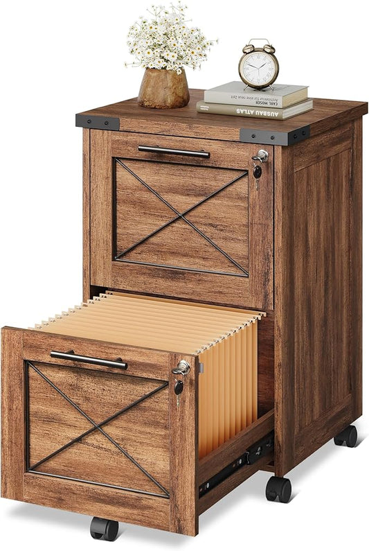 DEVAISE 2 Drawer File Cabinet with Hanging Files, Mobile Rolling Storage Cabinet for Home Office, Under Desk Filing Cabinet with Lock, Printer Stand, Oak